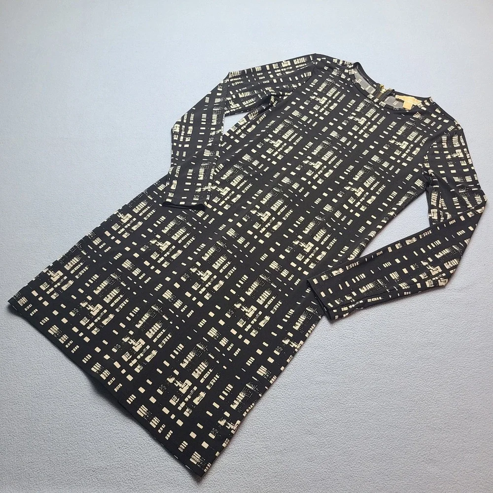 Michael Kors Sheath Dress Womens XS Black Cream Excellent Long Sleeve Geometric